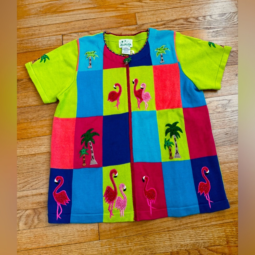 Vintage Quaker Factory - Size Large - Embroidered Flamingo Grandma Knit Sweater